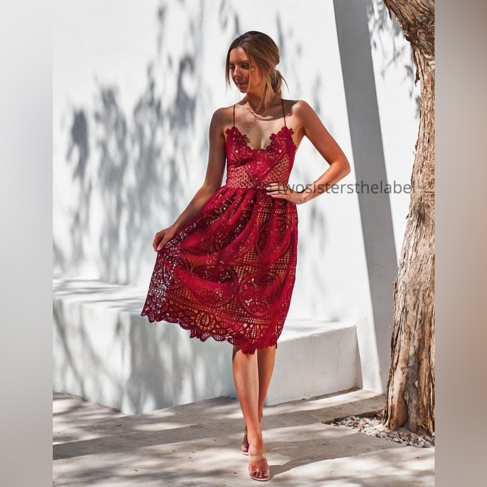 Two Sisters Anabelle Dress Red Lace Eyelet Midi Sz‎ 8